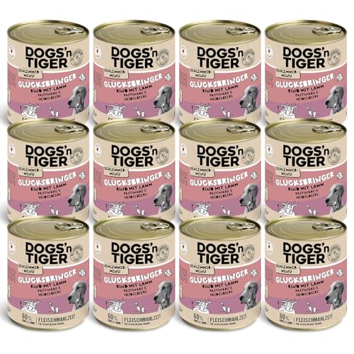 Dogs’n Tiger Adult Hundefutter, Glücksbringer, Hundenassfutter mit Rind, Lamm, Pastinake und Heidelbeeren - ohne Getreide, Zuckerzusatz, künstliche Konservierungsstoffe, 12x 800g von DOGS' n TIGER