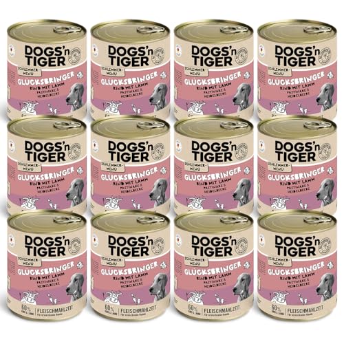 Dogs'n Tiger Schlemmermenü Glücksbringer, Hundenassfutter mit Rind, Lamm, Pastinake und Heidelbeeren - ohne Getreide, Zuckerzusatz, künstliche Konservierungsstoffe, 800g (12er Pack) von DOGS' n TIGER