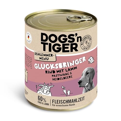 Dogs'n Tiger Schlemmermenü Glücksbringer, Hundenassfutter mit Rind, Lamm, Pastinake und Heidelbeeren - ohne Getreide, Zuckerzusatz, künstliche Konservierungsstoffe, 800g (6er Pack) von DOGS' n TIGER