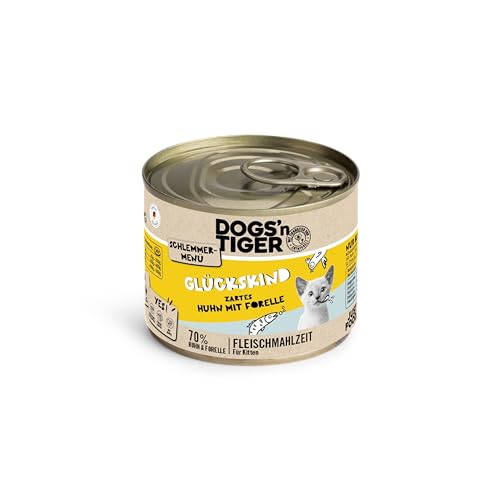 Dogs'n Tiger Schlemmermenü Glückskind, Nassfutter für Kätzchen, saftiges Huhn und Forelle - ohne Getreide, Zuckerzusatz, künstliche Konservierungsstoffe, optimale Verträglichkeit, 200g (12er Pack) von DOGS' n TIGER