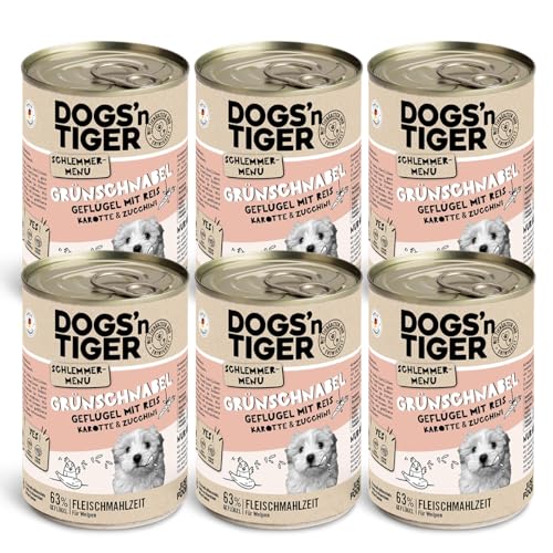 Dogs'n Tiger Schlemmermenü Grünschnabel, Hundenassfutter für Welpen mit Huhn, Reis und Gemüse ohne Getreide, Zuckerzusatz, künstliche Konservierungsstoffe, 400g (6er Pack) von DOGS' n TIGER