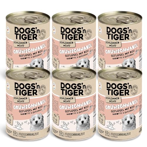 Dogs’n Tiger Junior, Hundefutter, Grünschnabel, Hundenassfutter für Welpen mit Huhn, Reis und Gemüse, ohne Getreide, Zuckerzusatz, künstliche Konservierungsstoffe, 6X 400g von DOGS' n TIGER