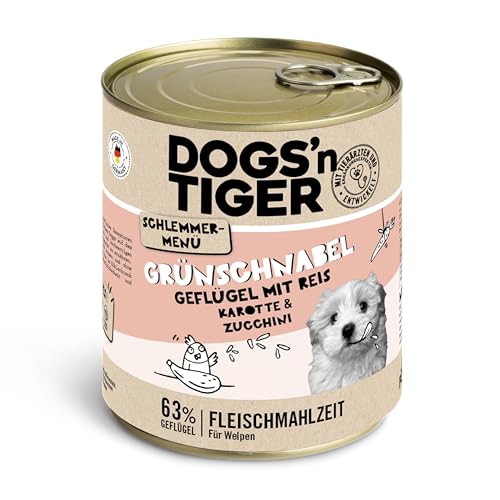 Dogs'n Tiger Schlemmermenü Grünschnabel, Hundenassfutter für Welpen mit Huhn, Reis und Gemüse ohne Getreide, Zuckerzusatz, künstliche Konservierungsstoffe, 800g (6er Pack) von DOGS' n TIGER