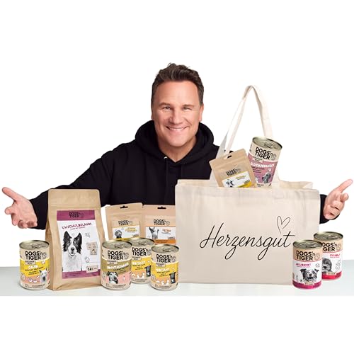 Dogs’n Tiger Herzensgut Hund Premium Nassfutter & Trockenfutter Set, Guido Maria Kretschmer Box, 13-teilig von DOGS' n TIGER
