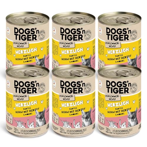 Dogs'n Tiger Schlemmermenü Herzlich, Katzennassfutter mit Huhn und Kürbis - ohne Getreide, Zuckerzusatz, künstliche Konservierungsstoffe, optimale Verträglichkeit, 400g (6er Pack) von DOGS' n TIGER