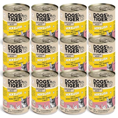 Dogs'n Tiger Schlemmermenü Herzlich, Katzennassfutter mit Huhn und Möhren - ohne Getreide, Zuckerzusatz, künstliche Konservierungsstoffe, optimale Verträglichkeit, 400g (12er Pack) von DOGS' n TIGER