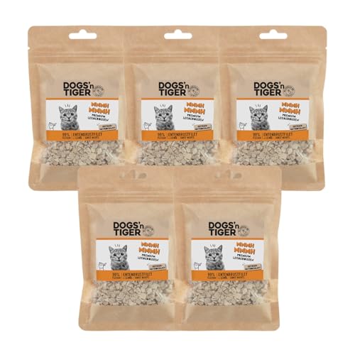 Dogs'n Tiger Adult Katzen Snacks Mmmh mmmh Ente, Leckerlies aus 99% Fleisch– ohne Zucker, Getreide & künstliche Aromen – gut verträglich gefriergetrocknete Entenbrust-Filetstückchen, 5X 30g von DOGS' n TIGER