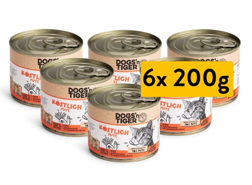 Dogs'n Tiger – “Köstlich” Premium Katzen Nassfutter – tiergerechte Rezeptur mit 70% Fleischanteil + Leinsamenöl – ohne Zucker, Getreide & künstliche Aromen – Gute Verträglichkeit (Pute | 6 x 200 g) von DOGS' n TIGER