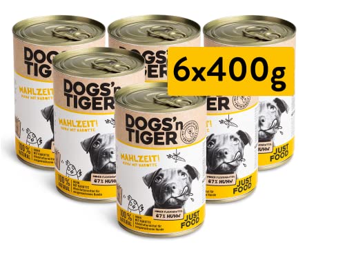 Dogs'n Tiger – “Mahlzeit!” Premium Hunde Nassfutter – tiergerechte Rezeptur mit 67% Fleischanteil + Leinsamenöl + Kräuter – ohne Zucker, Getreide & künstliche Aromen (Huhn mit Karotte | 6 x 400 g) von DOGS' n TIGER
