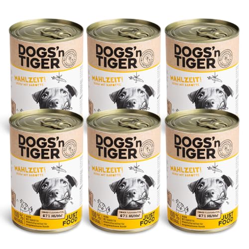 Dogs’n Tiger Adult Premium Nassfutter für Hunde, Mahlzeit, Hunde Nassfutter, tiergerechte Rezeptur mit 67% Fleischanteil an Huhn, Leinsamenöl & Kräuter – ohne Zucker & künstliche Aromen, 6X 400g von DOGS' n TIGER