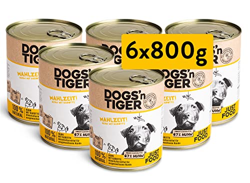 Dogs'n Tiger – “Mahlzeit!” Premium Hunde Nassfutter – tiergerechte Rezeptur mit 67% Fleischanteil + Leinsamenöl + Kräuter – ohne Zucker, Getreide & künstliche Aromen (Huhn mit Karotte | 6 x 800 g) von DOGS' n TIGER