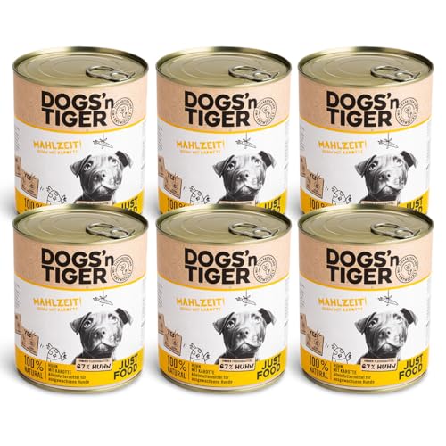 Dogs’n Tiger Adult Premium Nassfutter für Hunde, Mahlzeit, Hunde Nassfutter, tiergerechte Rezeptur mit 67% Fleischanteil an Huhn, Leinsamenöl & Kräuter – ohne Zucker & künstliche Aromen, 6X 800g von DOGS' n TIGER