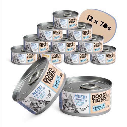 Dogs’n Tiger Adult Premium Katzenfutter, Meer, Nassfutter für Katzen, tiergerechte Rezeptur mit 60% Fischanteil – ohne Zucker, Getreide & künstliche Aromen, Thunfisch- & Lachsfilet, 12x 70g von DOGS' n TIGER