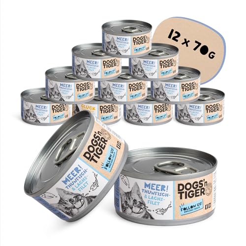 Dogs'n Tiger – “Meer!” Premium Katzen Nassfutter – tiergerechte Rezeptur mit 60% Fischanteil – ohne Zucker, Getreide & künstliche Aromen – gut verträglich (Thunfisch- und Lachsfilet | 12 x 70 g) von DOGS' n TIGER