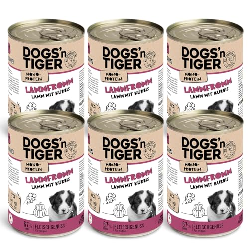 Dogs'n Tiger Monoprotein Lammfromm, Premium Hundenassfutter für Welpen mit Lamm und Kürbis - ohne Getreide, Zuckerzusatz, optimale Verträglichkeit, 400g (12er Pack) von DOGS' n TIGER