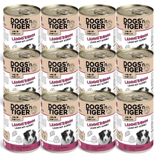 Dogs'n Tiger Monoprotein Lammfromm, Premium Hundenassfutter für Welpen mit Lamm und Kürbis - ohne Getreide, Zuckerzusatz, optimale Verträglichkeit, 12x 400g von DOGS' n TIGER