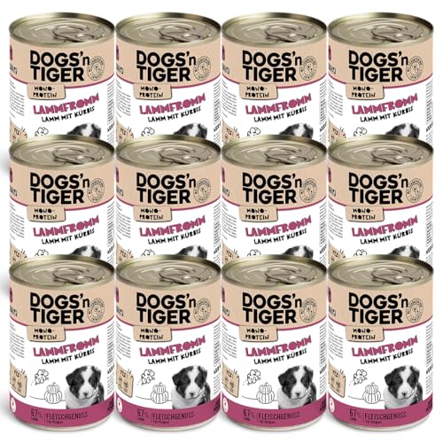 Dogs'n Tiger Monoprotein Lammfromm, Premium Hundenassfutter für Welpen mit Lamm und Kürbis - ohne Getreide, Zuckerzusatz, optimale Verträglichkeit, 400g (12er Pack) von DOGS' n TIGER