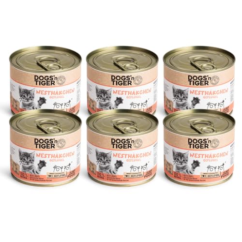 Dogs'n Tiger – “Nesthäkchen” Nassfutter für Kätzchen– tiergerechte Rezeptur mit 70% Fleischanteil + Leinsamenöl + Algenkalk + Löwenzahn – ohne Zucker, künstliche Aromen (Geflügel | 6X 200 g) von DOGS' n TIGER