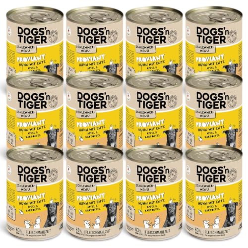 Dogs'n Tiger Schlemmermenü Proviant, Hundenassfutter mit Huhn, Ente, Apfel und Kartoffeln - ohne Getreide, Zuckerzusatz, künstliche Konservierungsstoffe, optimale Verträglichkeit, 400g (12er Pack) von DOGS' n TIGER