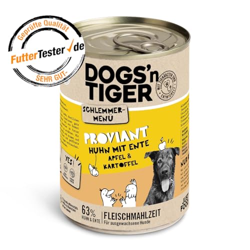 Dogs'n Tiger Schlemmermenü Proviant, Hundenassfutter mit Huhn, Ente, Apfel und Kartoffeln - ohne Getreide, Zuckerzusatz, künstliche Konservierungsstoffe, optimale Verträglichkeit, 400g (12er Pack) von DOGS' n TIGER