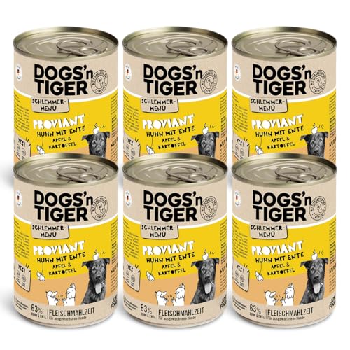 Dogs'n Tiger Schlemmermenü Proviant, Hundenassfutter mit Huhn, Ente, Apfel und Kartoffeln - ohne Getreide, Zuckerzusatz, künstliche Konservierungsstoffe, optimale Verträglichkeit, 400g (6er Pack) von DOGS' n TIGER