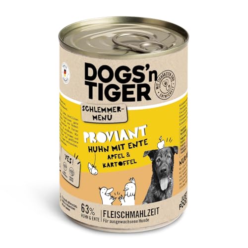 Dogs'n Tiger Schlemmermenü Proviant, Hundenassfutter mit Huhn, Ente, Apfel und Kartoffeln - ohne Getreide, Zuckerzusatz, künstliche Konservierungsstoffe, optimale Verträglichkeit, 400g (6er Pack) von DOGS' n TIGER