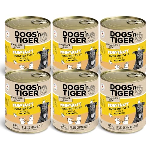 Dogs'n Tiger Schlemmermenü Proviant, Hundenassfutter mit Huhn, Ente, Apfel und Kartoffeln - ohne Getreide, Zuckerzusatz, künstliche Konservierungsstoffe, optimale Verträglichkeit, 800g (6er Pack) von DOGS' n TIGER