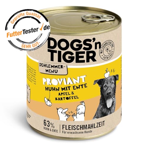 Dogs'n Tiger Schlemmermenü Proviant, Hundenassfutter mit Huhn, Ente, Apfel und Kartoffeln - ohne Getreide, Zuckerzusatz, künstliche Konservierungsstoffe, optimale Verträglichkeit, 800g (6er Pack) von DOGS' n TIGER