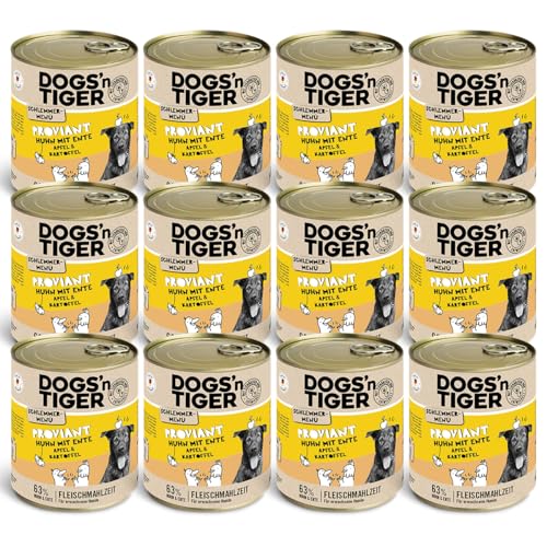 Dogs'n Tiger Schlemmermenü Proviant, Hundenassfutter mit Huhn, Ente, Apfel und Kartoffeln - ohne Getreide, Zuckerzusatz, künstliche Konservierungsstoffe, optimale Verträglichkeit, 800g (12er Pack) von DOGS' n TIGER