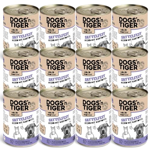 Dogs'n Tiger Sattelfest, Premium Hundenassfutter mit Pferdefleisch und Kartoffeln - ohne Getreide, Zuckerzusatz, optimale Verträglichkeit, 400g (12er Pack) von DOGS' n TIGER