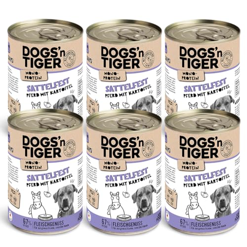 Dogs'n Tiger Sattelfest, Premium Hundenassfutter mit Pferdefleisch und Kartoffeln - ohne Getreide, Zuckerzusatz, optimale Verträglichkeit, 400g (12er Pack) von DOGS' n TIGER