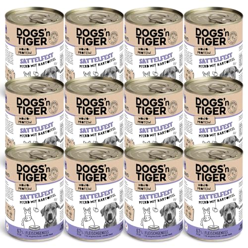 Dogs'n Tiger Monoprotein, Sattelfest, Adult Premium Hundenassfutter mit Pferdefleisch & Kartoffeln, hypoallergen, ohne Getreide, Zuckerzusatz, Mit optimale Verträglichkeit, 12x 400g von DOGS' n TIGER