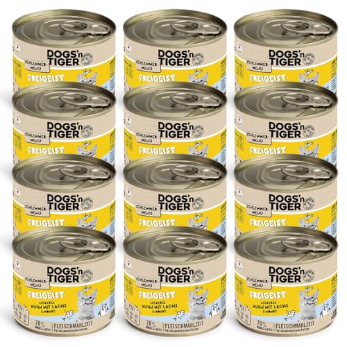 Dogs’n Tiger Adult, Katzenfutter, Freigeist, Katzennassfutter mit frischem vitaminreichen Gemüse, Huhn, Lachs - ohne Getreide, Zuckerzusatz, künstliche Konservierungsstoffe, 12x 200g von DOGS' n TIGER