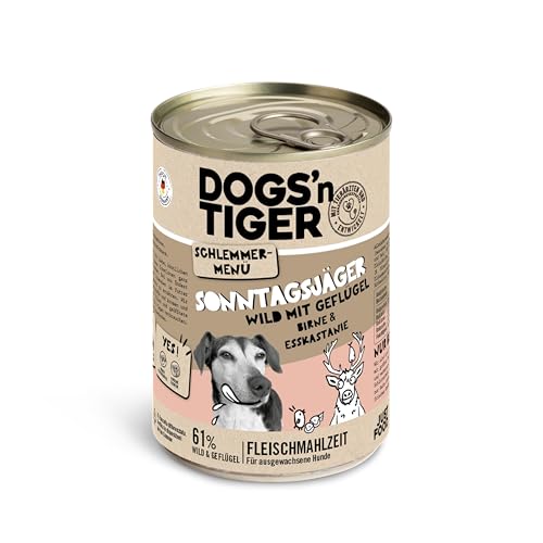 Dogs’n Tiger Adult Hundefutter, Sonntagsjäger, Hunde Nassfutter, ohne Getreide, Zuckerzusatz, künstliche Konservierungsstoffe, Hundefutter mit Wild, Geflügel, Birne und Esskastanie, 12x 400g von DOGS' n TIGER