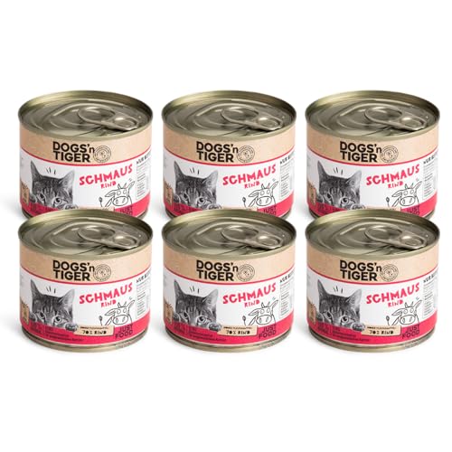 Dogs’n Tiger Adult Premium Nassfutter für Katzen, Schmaus, Katzen Nassfutter, tiergerechte Rezeptur mit 70% Fleischanteil an Rind – ohne Zucker, Getreide & künstliche Aromen, 6X 200g von DOGS' n TIGER