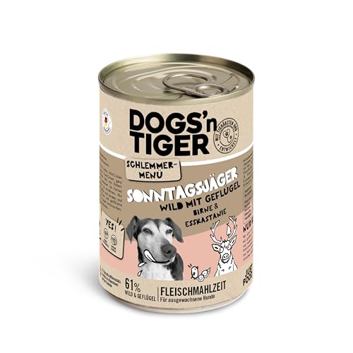 Dogs'n Tiger Schlemmermenü Sonntagsjäger, Hundnassfutter mit Wild, Geflügel, Birne und Esskastanie - ohne Getreide, Zuckerzusatz, künstliche Konservierungsstoffe, 400g (6er Pack) von DOGS' n TIGER