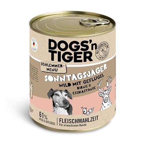 Dogs'n Tiger Schlemmermenü Sonntagsjäger, Hundenassfutter mit Wild, Geflügel, Birne und Esskastanie - ohne Getreide, Zuckerzusatz, künstliche Konservierungsstoffe, 800g (12er Pack) von DOGS' n TIGER