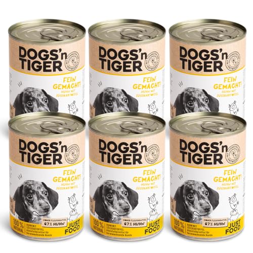 Dogs'n Tiger – “Fein gemacht” Premium Nassfutter für Welpen – Rezeptur mit 67% Fleischanteil + Leinsamenöl + Kräuter – ohne Zucker, Getreide & künstliche Aromen (Huhn mit Süßkartoffel | 6 x 400 g) von DOGS' n TIGER