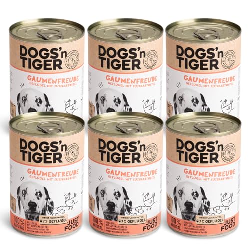 Dogs'n Tiger – “Gaumenfreude” Premium Hunde Nassfutter – Rezeptur mit 67% Fleischanteil + Leinsamenöl + Kräuter – ohne Zucker, Getreide & künstliche Aromen (Geflügel mit Süßkartoffel | 6 x 400 g) von DOGS' n TIGER