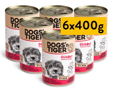 Dogs'n Tiger – “Guadn!” Premium Hunde Nassfutter – tiergerechte Rezeptur mit 67% Fleischanteil + Leinsamenöl + Kräuter – ohne Zucker, Getreide & künstliche Aromen (Rind mit Kürbis | 6 x 400 g) von DOGS' n TIGER