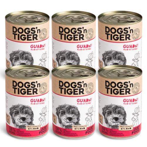 Dogs'n Tiger – “Guadn!” Premium Hunde Nassfutter – tiergerechte Rezeptur mit 67% Fleischanteil + Leinsamenöl + Kräuter – ohne Zucker, Getreide & künstliche Aromen (Rind mit Kürbis | 6 x 400 g) von DOGS' n TIGER