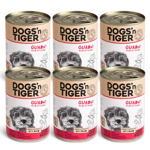 Dogs’n Tiger Adult Premium Hundefutter Guadn, Nassfutter, tiergerechte Rezeptur mit 67% Fleischanteil an Rind, Leinsamenöl & Kräuter – ohne Zucker, Getreide & künstliche Aromen, 6X 400g von DOGS' n TIGER