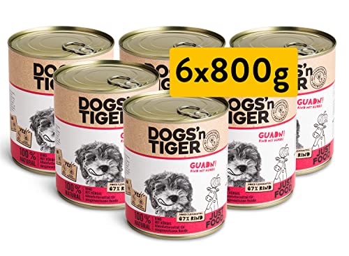 Dogs'n Tiger – “Guadn!” Premium Hunde Nassfutter – tiergerechte Rezeptur mit 67% Fleischanteil + Leinsamenöl + Kräuter – ohne Zucker, Getreide & künstliche Aromen (Rind mit Kürbis | 6 x 800 g) von DOGS' n TIGER
