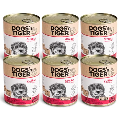 Dogs’n Tiger Adult Premium Hundefutter Guadn, Nassfutter, tiergerechte Rezeptur mit 67% Fleischanteil an Rind, Leinsamenöl & Kräuter – ohne Zucker, Getreide & künstliche Aromen, 6X 800g von DOGS' n TIGER