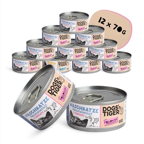 Dogs'n Tiger – “Naschkatze” Premium Katzen Nassfutter – tiergerechte Rezeptur mit 60% Fleischanteil – ohne Zucker, Getreide & künstliche Aromen – gut verträglich (Thunfischfilet + Shrimps | 12 x 70 g) von DOGS' n TIGER