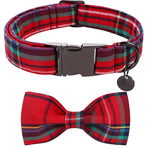 DOGWONG Rot Hundehalsband mit Fliege - Rot Kariert komfortable Baumwolle Weihnachten Hundehalsband mit abnehmbaren Fliege für klein Groß Mittel Hund von DOGWONG