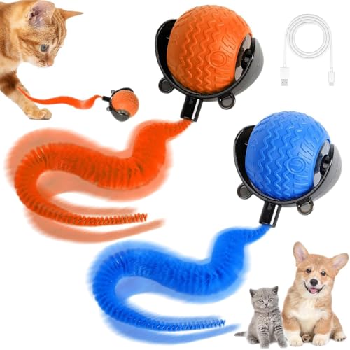 DOINEUFL 2 Stück Katzenspielzeugball, interaktives Katzenspielzeug für Indoor-Katzen, automatischer rollender Hundeball, interaktives Hundespielzeug mit Schwanz für Katzen, Erwachsene, Kätzchen, Hunde von DOINEUFL