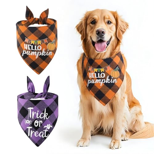 DOINEUFL Halloween-Halstücher für Hunde, Dreieck, kariert, mit nachtleuchtendem Muster, Halloween-Kostüme für kleine, mittelgroße und große Hunde, 2 Stück von DOINEUFL