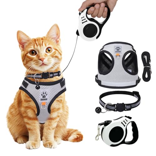 Katzengeschirr mit Leine Ausbruchsicher, Verstellbares und Atmungsaktives Geschirr für Katzen, Sicheres Katzen Geschirr Set mit Leine für Spaziergänge und Outdoor Training (M) von DOINEUFL