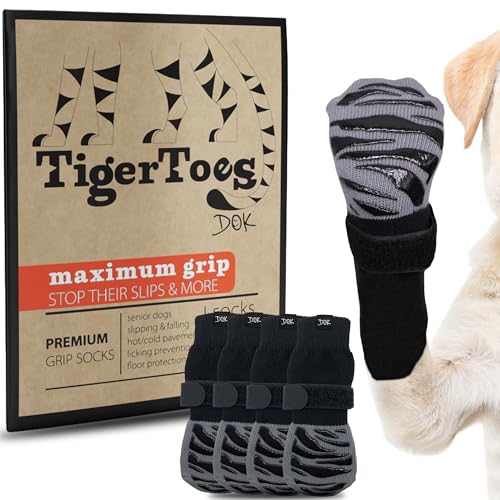 DOK TigerToes Premium rutschfeste Hundesocken für Hartholzböden – extra Dicker Griff, der auch beim Verdrehen funktioniert – verhindert Lecken, Verrutschen und ideal für den Pfotenschutz des Hundes – von DOK